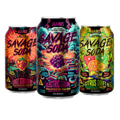 Habit Savage THC soda cans in Sunset Strawberry, Electric Grape, and Citrus Drift