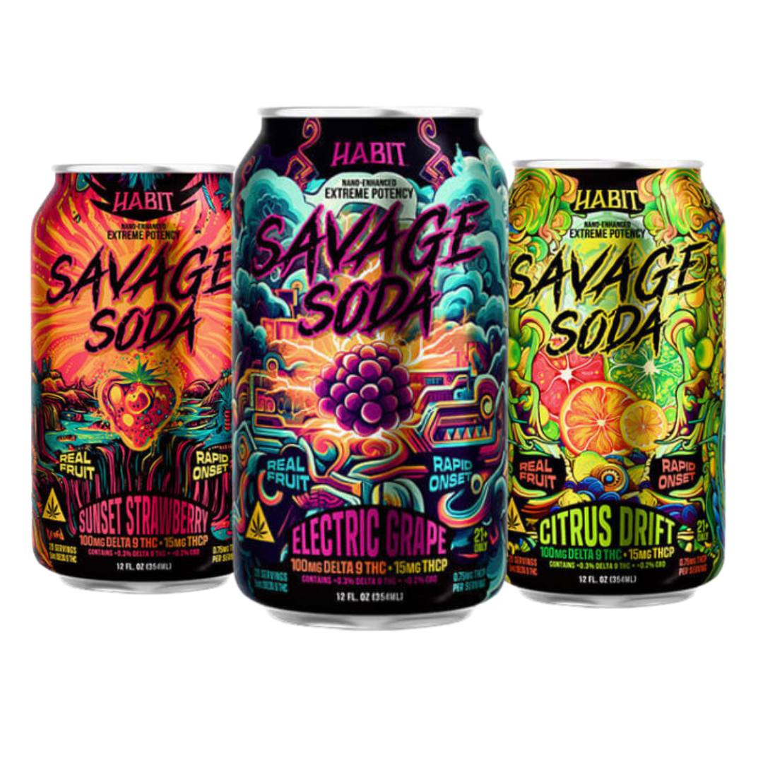Habit Savage THC soda cans in Sunset Strawberry, Electric Grape, and Citrus Drift