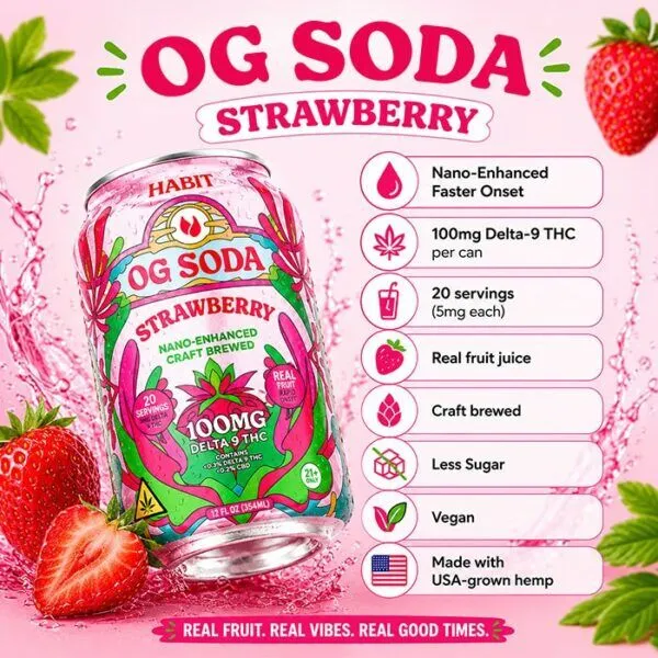 Habit OG Strawberry THC soda with 100mg Delta-9 THC and serving details