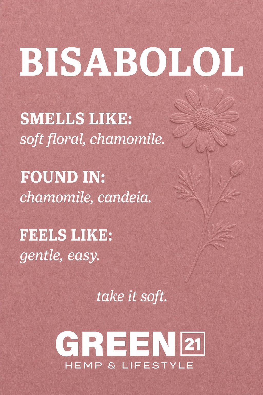 Bisabolol terpene poster showing a soft floral and chamomile cannabis aroma profile