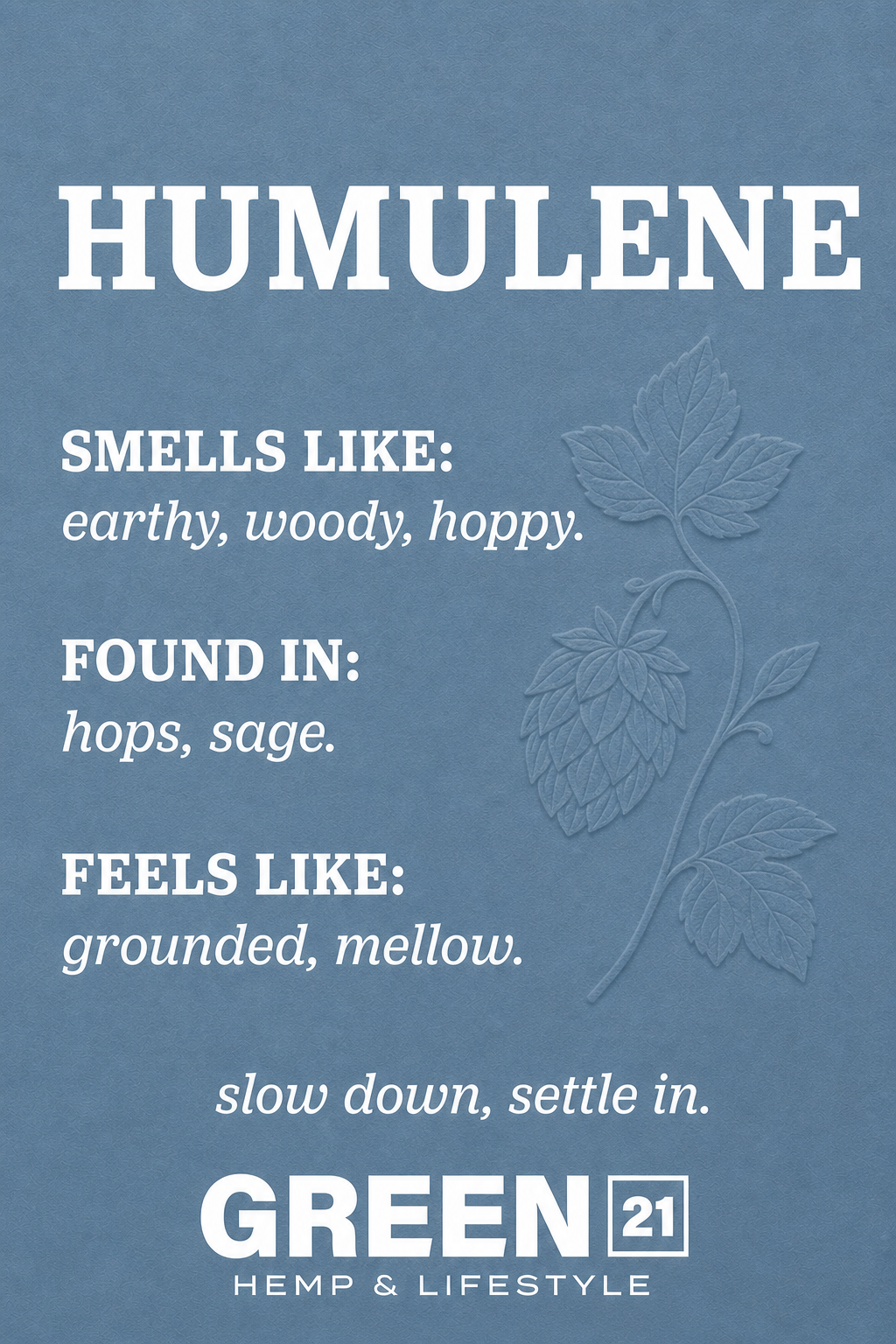 Humulene terpene poster showing an earthy, woody, hoppy cannabis aroma profile