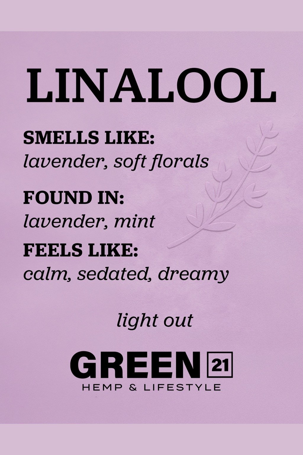 Linalool terpene poster showing a floral, lavender-like cannabis aroma profile