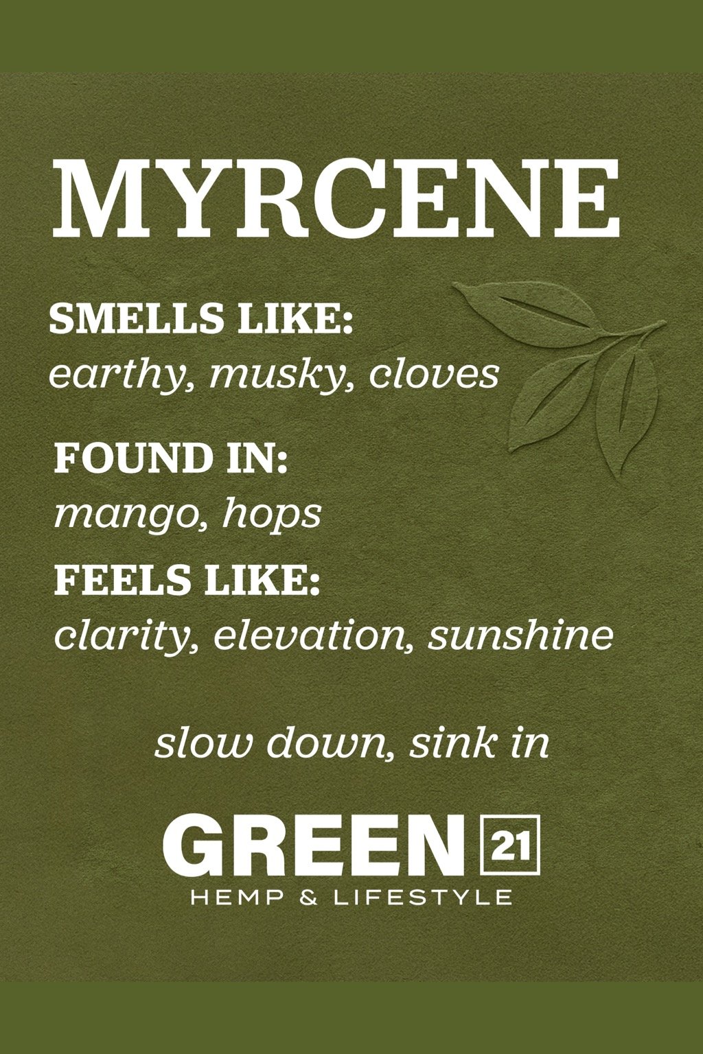 Myrcene terpene poster showing an earthy, herbal cannabis aroma profile