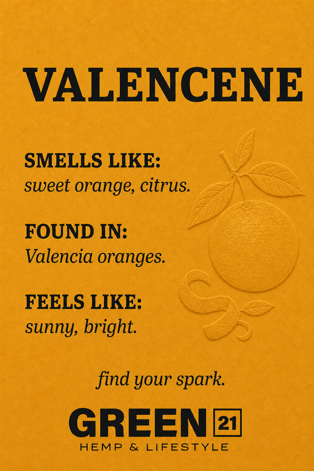 Valencene terpene poster showing a sweet orange citrus cannabis aroma profile