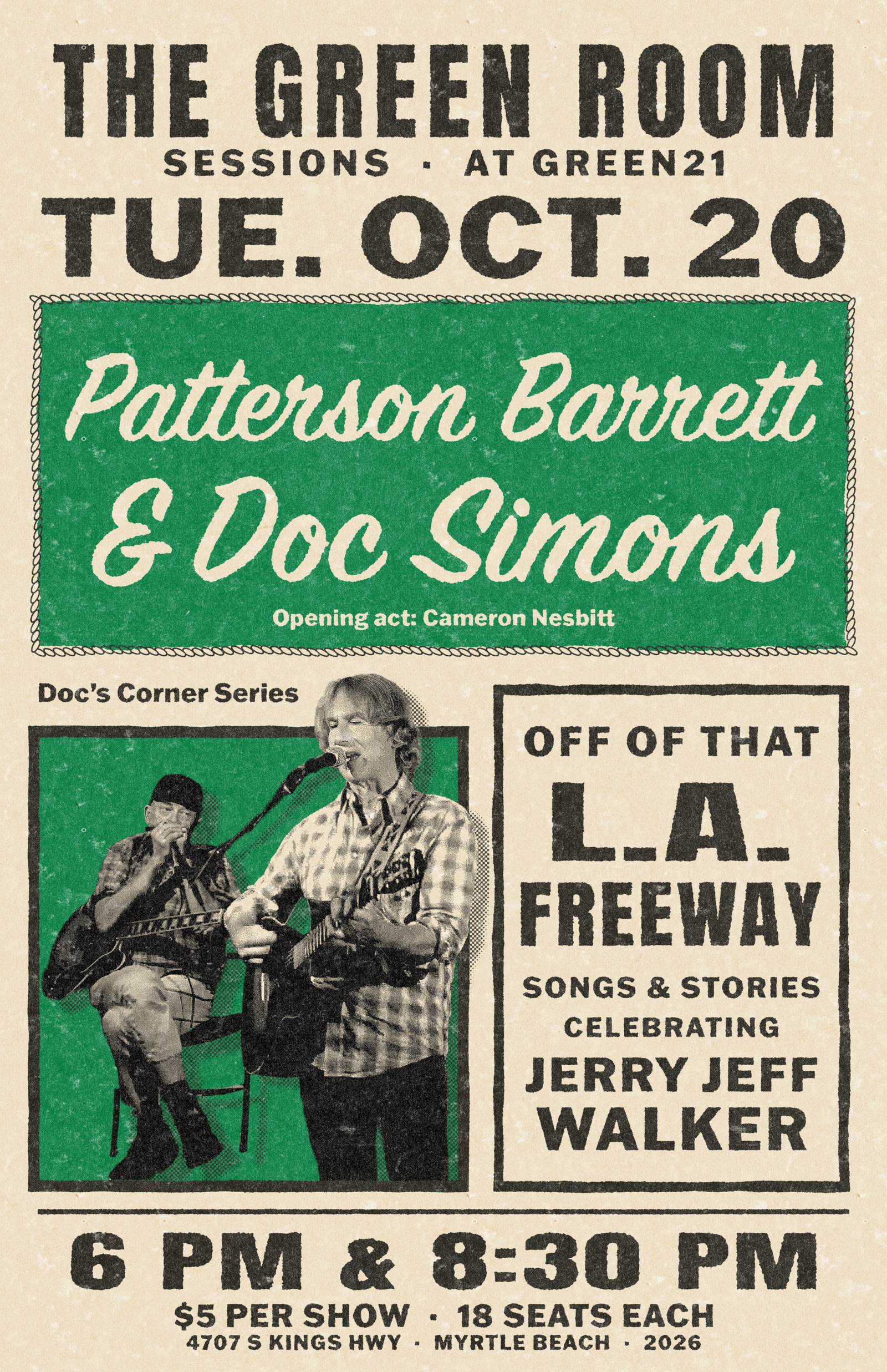 Off of That L.A. Freeway flyer featuring Patterson Barrett and Doc Simons