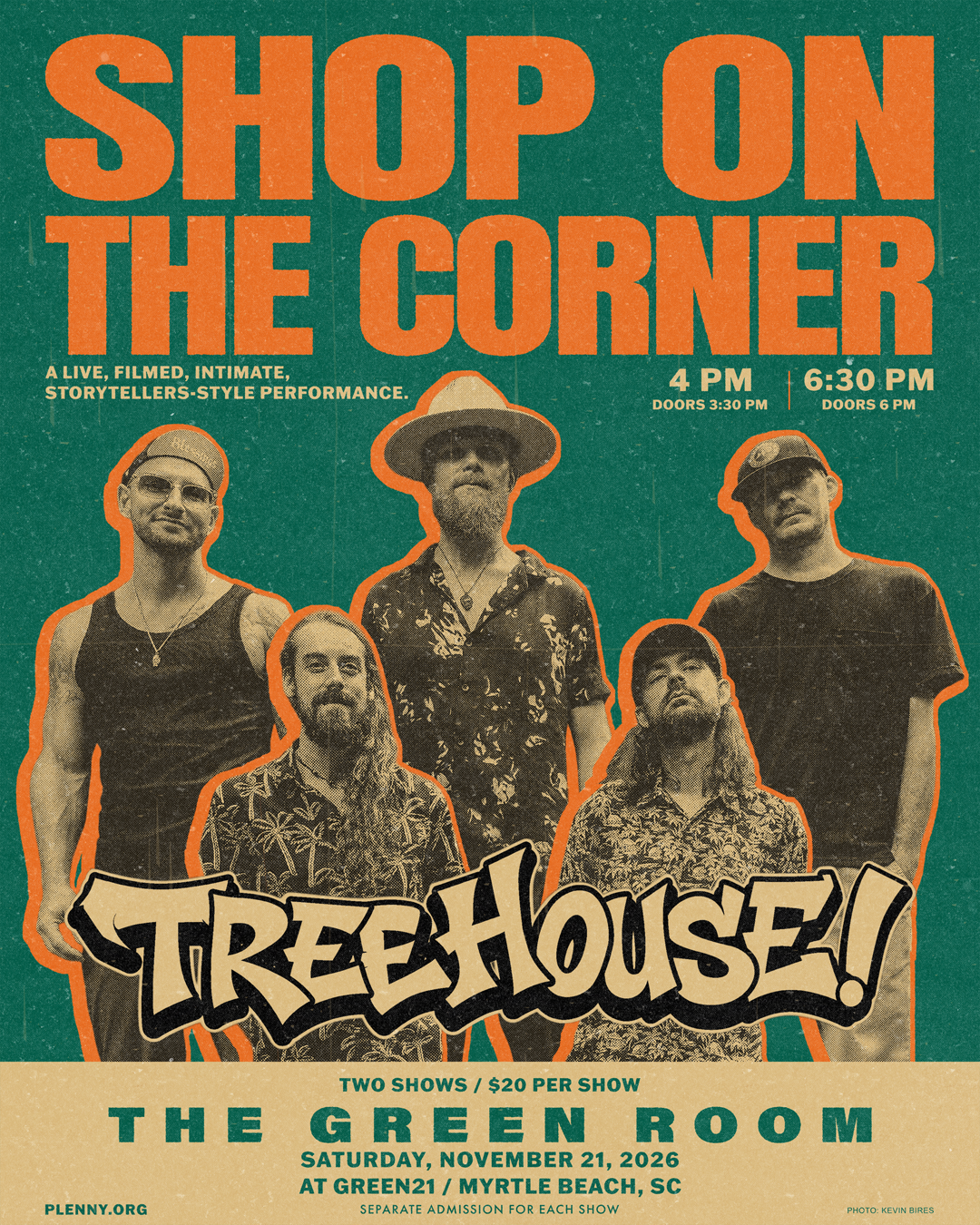 Shop on the Corner ft. TreeHouse! at The Green Room at Green21, Saturday November 21, 2026. Shows at 4 PM and 6:30 PM, doors 3:30 PM and 6 PM. Separate $20 admission per show.